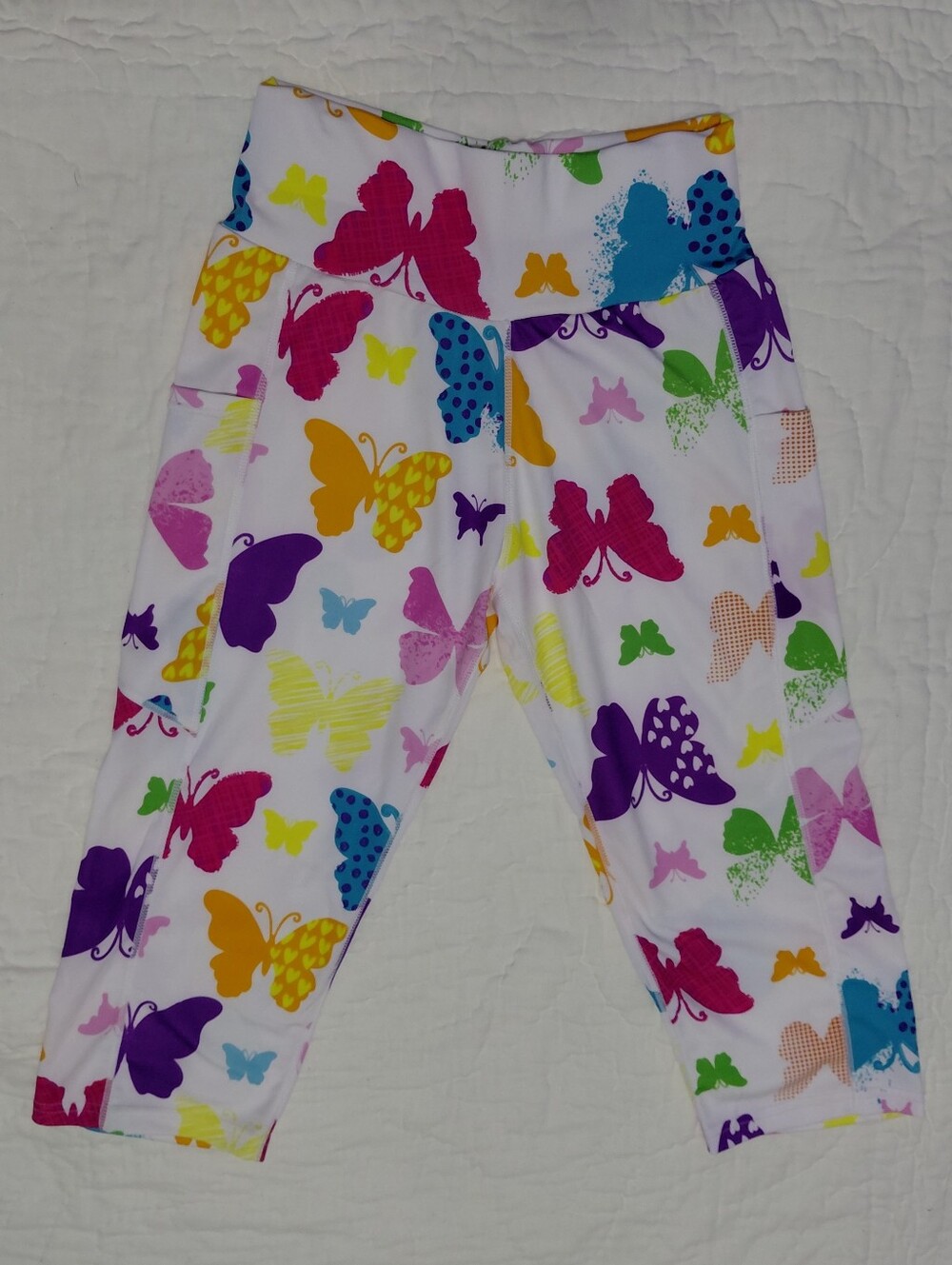 White Capri Leggings with Multicolor Butterfly Print